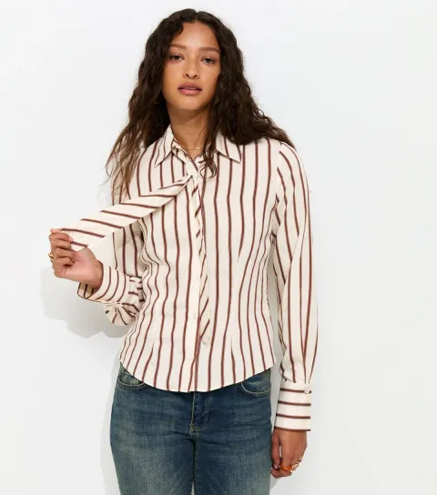 Women's Cream and Brown Striped Shirt with Tie