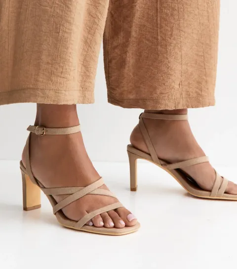 Women's Light Brown Faux Suede Strappy Heeled Sandals Vegan