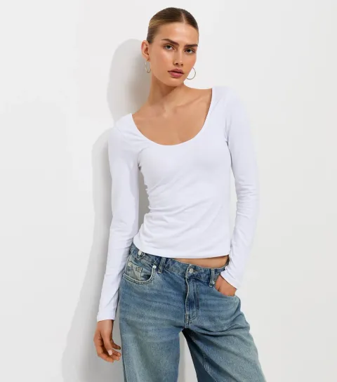 Women's White Cotton Rich Long Sleeve Scoop Neck Top