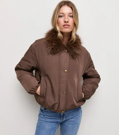 New Look Women's Dark Khaki Faux Fur Collar Bomber Jacket