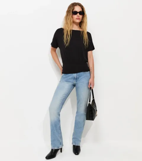 Women's Black Jersey Draped Wide Waistband Top