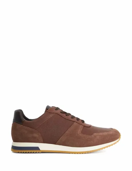 Dune London Wide Fit Leather Lace Up Trainers Brown