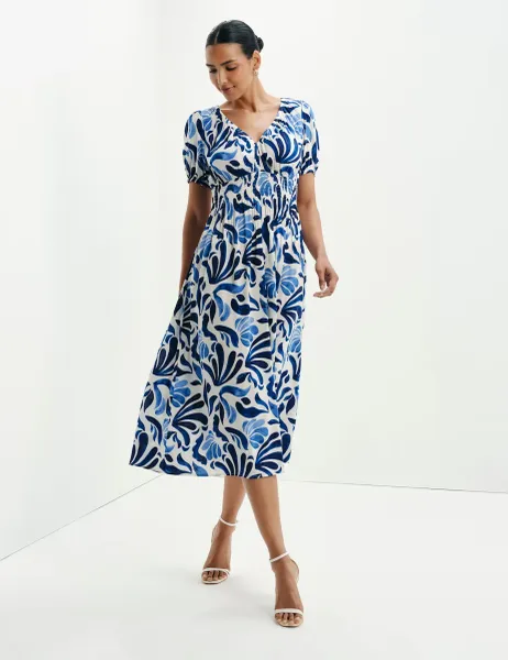 Finery London Palm Print V-Neck Midi Waisted Dress Blue Mix