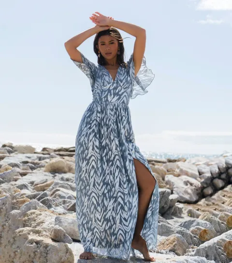 Women's Blue Metallic Print Maxi Dress