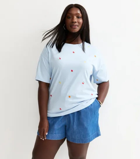 Women's Plus Size Light Blue Fruit Embroidered Boxy T-Shirt Curves