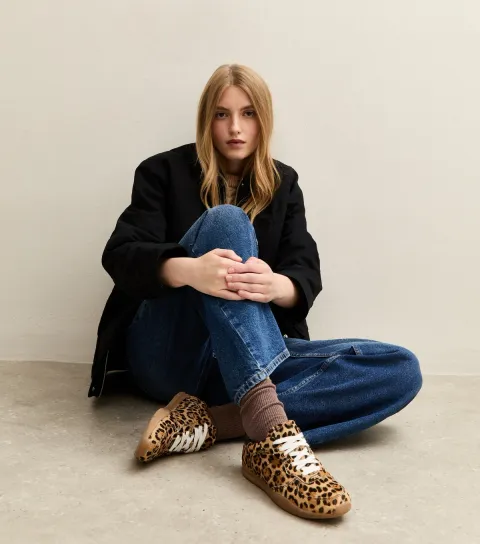 Women's Stone Leopard Print Leather Trainers