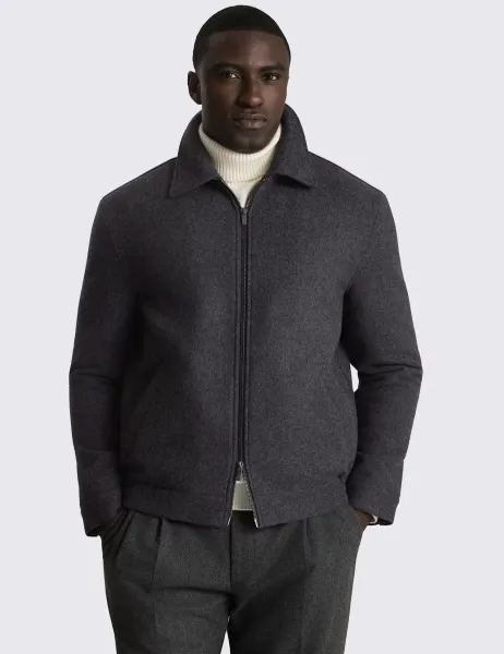 Moss Pure Wool Quilted Zip Up Harrington Jacket Grey