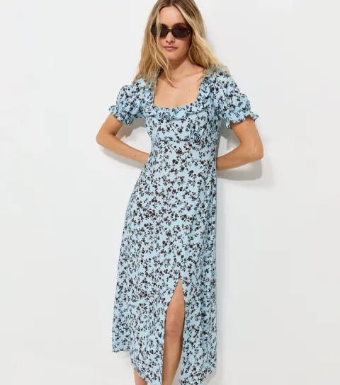 Women's Blue Floral Square Neck Midi Tea Dress