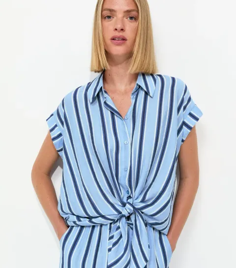 Women's Blue Striped Tie Front Short Sleeve Shirt