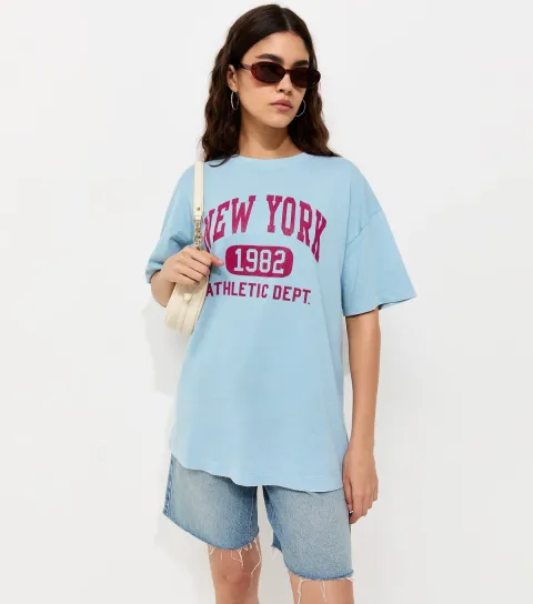Women's Blue Cotton New York Logo Oversized T-Shirt