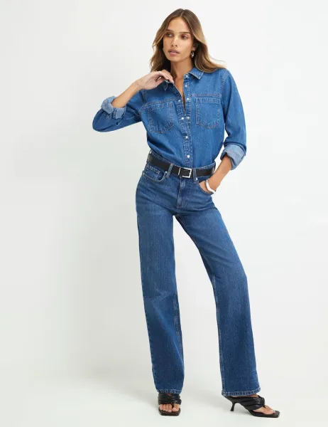 River Island High Waisted Straight Leg Jeans Blue Denim