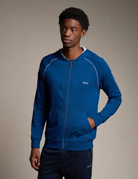 Boss Cotton Rich Zip Up Hooded Jacket Blue