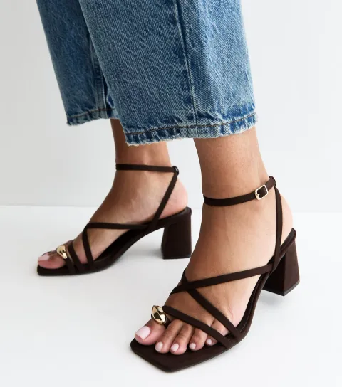 Women's Dark Brown Faux Suede Metal Toe Loop Block Heel Sandals Vegan