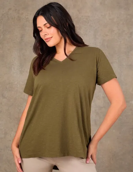 Live Unlimited London Jersey V-Neck Longline T-Shirt Khaki