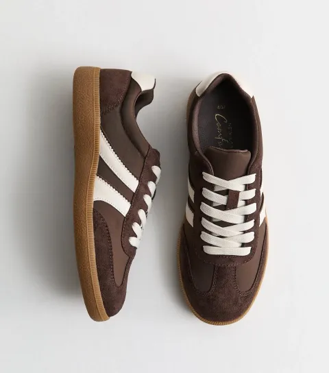 Women's Dark Brown Faux Brushed Leather Side Stripe Trainers Vegan