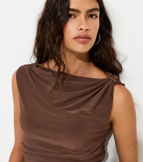 Women's Dark Brown Jersey Knotted Asymmetric Shoulder Top