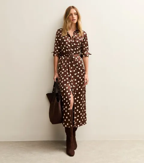 Women's Brown Satin Polka Dot Midi Shirt Dress