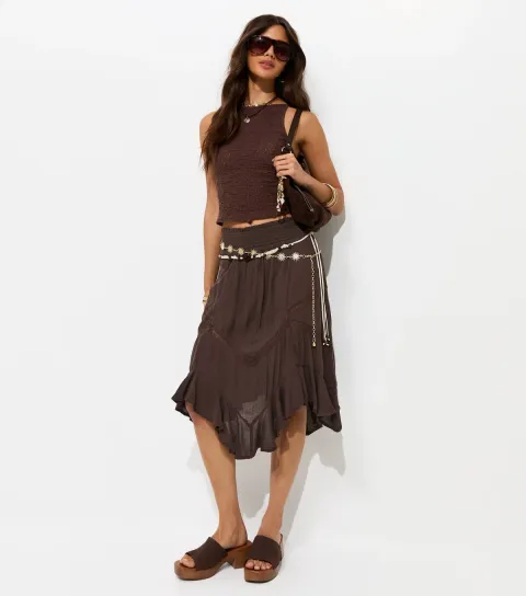 Women's Dark Brown Woven Asymmetric Lace Insert Midi Skirt