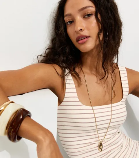 Women's White Striped Square Neck Vest
