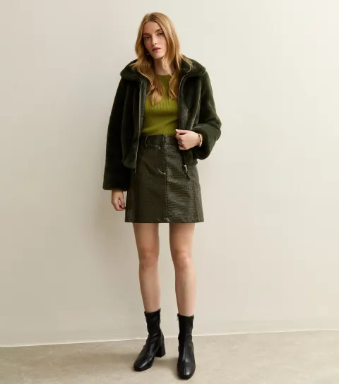 New Look Women's Khaki Crocodile Effect Faux Leather Mini Skirt