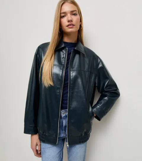 Women's Navy Faux Leather Zip Front Jacket