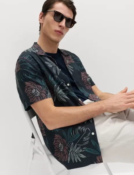 Marks & Spencer Linen Rich Hawaiian Shirt Navy Mix