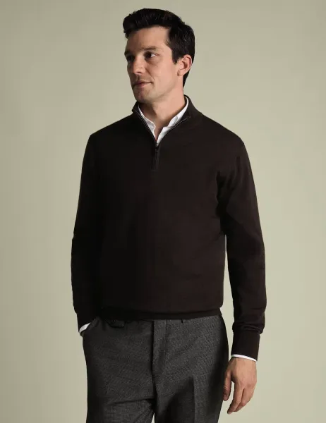 Charles Tyrwhitt Pure Wool Half Zip Jumper Chocolate