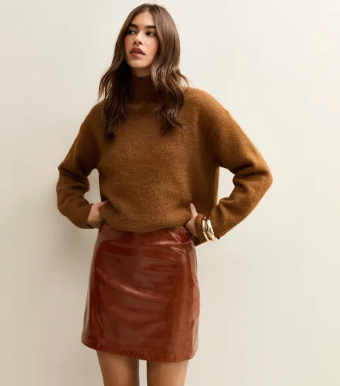 Women's Tan Cracked Faux Leather Mini Skirt