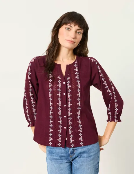 FatFace Embroidered V Neck Cotton Blouse Burgundy Mix