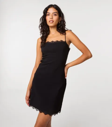 Pink Vanilla Women's Black Lace Trim Strappy Mini Dress