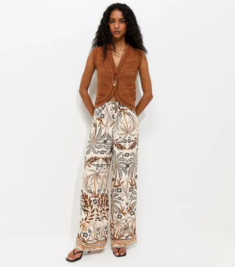 Women's Cream Lotus Palm Tree Print Wide Leg Trousers