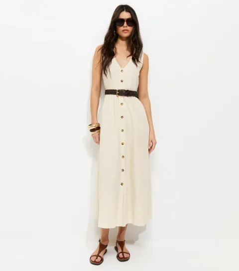 Women's Stone Sleeveless Button Through Midi Dress