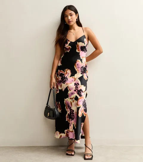 Women's Petite Black Satin Floral Print Low Back Maxi Dress