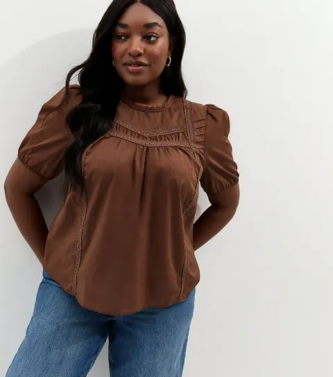 Women's Plus Size Dark Brown Lace Trim Puff Sleeve Top Curves