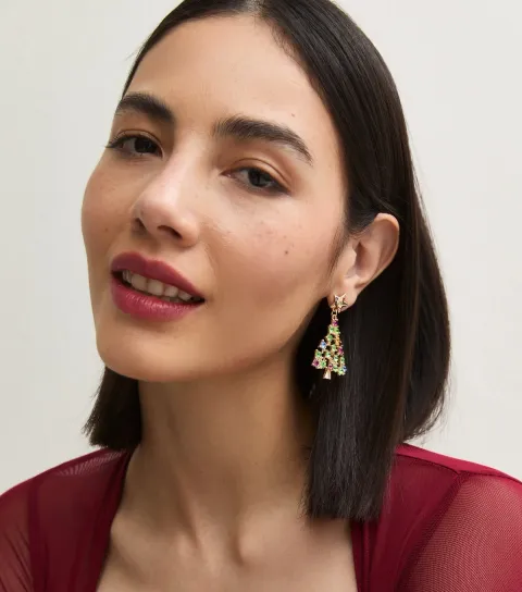 New Look Multicolour Christmas Tree Diamante Embellished Drop Earrings