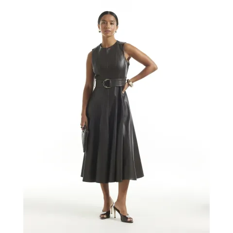 River Island Petite Faux Leather Belted Midi Dress