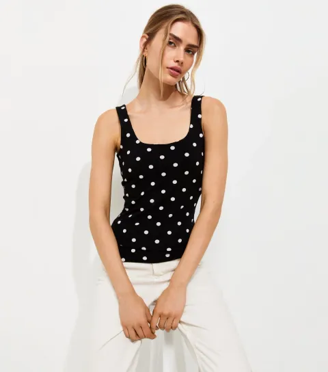 Women's Black Cotton Rich Polka Dot Square Neck Vest Top