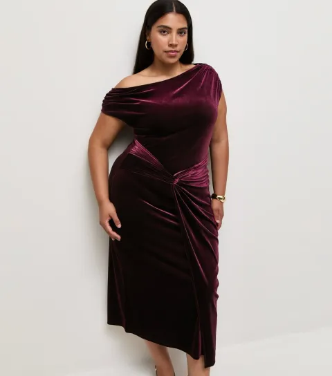 New Look Women's Plus Size Dark Burgundy Velvet Fallen Shoulder Front Knot Midi Dress Curves