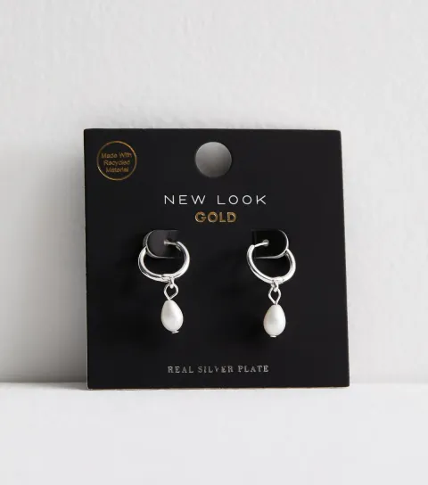 New Look Silver Plated Faux Pearl Drop Hoop Earrings