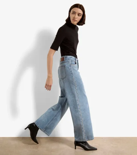 Women's Light Blue Studded Wide Leg Jeans