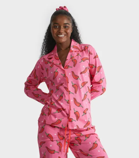 Women's Pink Chili Print Shirt and Trousers Pyjama Set