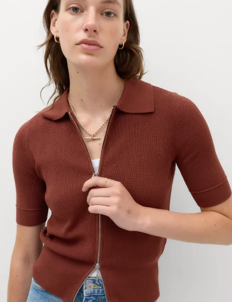 Marks & Spencer Collared Zip Up Slim Fit Cardigan Chestnut
