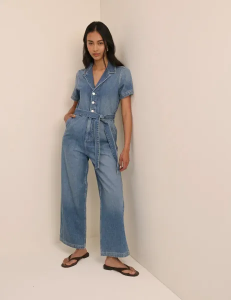 Nobody's Child Denim Belted Wide Leg Jumpsuit Blue