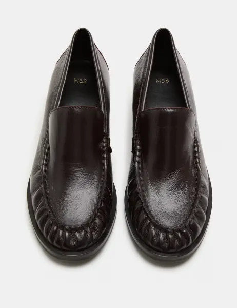 Leather Ruched Block Heel Loafers Wine