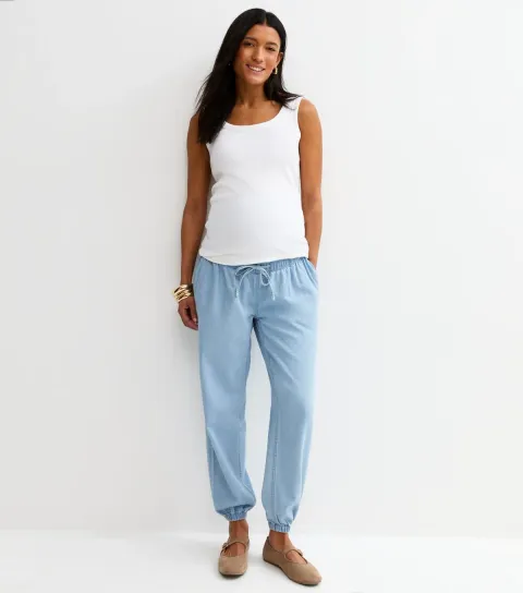 Women's Maternity Light Blue Denim Look Cuffed Over Bump Joggers
