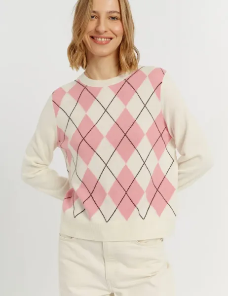 Chinti & Parker Wool Rich Argyle Crew Neck Jumper with Cashmere Pink