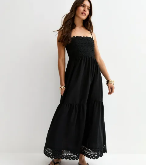 Women's Petite Black Crochet Panel Maxi Dress