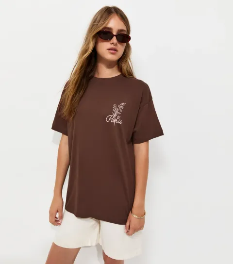 Women's Dark Brown Cotton Paris Oversized T-Shirt