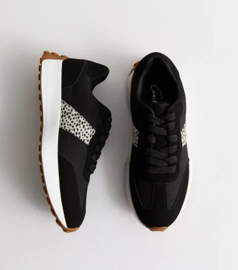 New Look Women's Black Leopard Print Panel Suedette Trainers