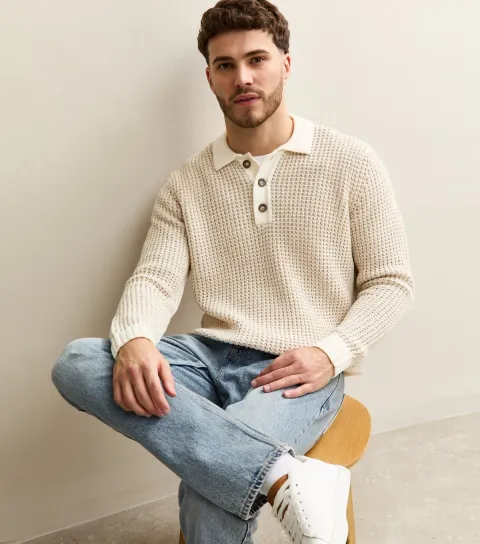 Men's Cream Regular Knit Polo Jumper